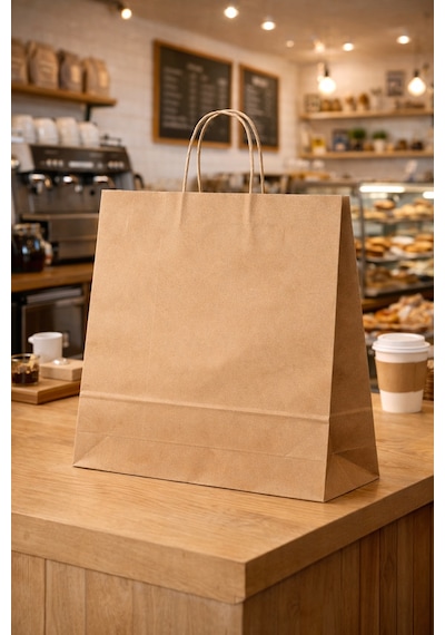 Burgu Saplı Kraft Çanta Kağıt Poşet Butik Mağaza Hediye Tatlı Torbası 33x18x42 Cm 50li