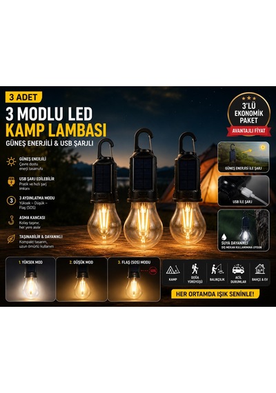 3 Adet Güneş Enerjili Usb Şarjlı 3 Modlu Led Asma Kancalı Taşınabilir Kamp Feneri Aydınlatma Lambası Çok Renkli