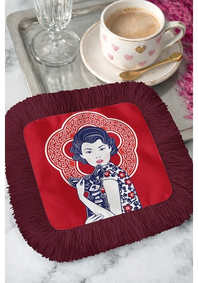 Vintage Kadın Portreli Saçaklı Sunum Peçetesi - Modern Retro Bordo Kırmızı Kahve Yanı Sunum Mendili Gün Batımı Kireçtaşı