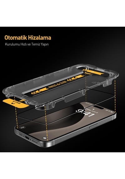 İphone 16 Serisi İle Uyumlu 5d Easyfit 2 Adet Kolay Uygulama Aparatlı Ekran Koruyucu Temperli Cam, İphone 16 Pro Max, Şeffaf