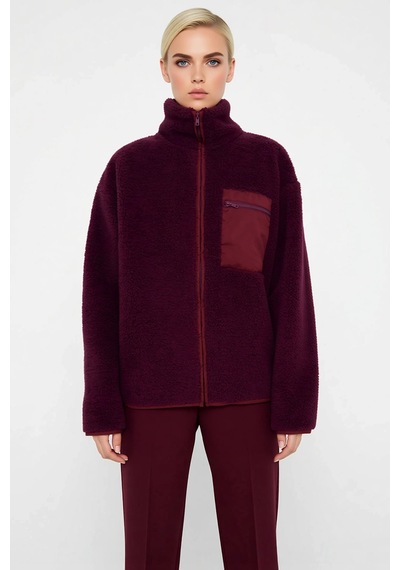 Benerly Kadın Dik Yaka Düşük Kol Tam Fermuarlı Peluş Sweatshirt Fonksiyon Mürdüm