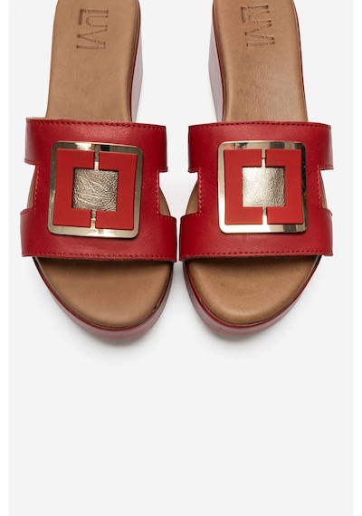 Luvi Shoes Hıola Kırmızı Hakiki Deri Tokalı Kadın Dolgu Topuklu Terlik