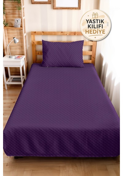 Mor Kapitone Tek Kişilik Pike Takımı - Düz Modern Mürdüm 160x220 Cm Mevsimlik Yatak Örtüsü Perde Tarlası Örtüsü