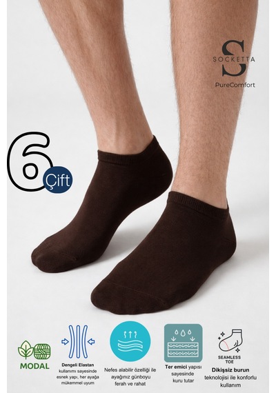 Socketta Erkek Modal Dikişsiz 6'lı Kahverengi Patik Çorap Premium Kahverengi