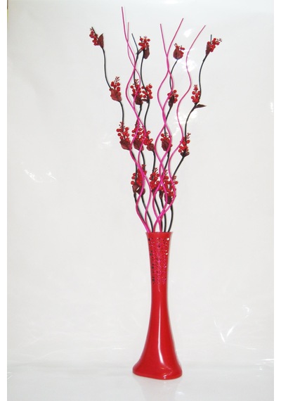 5 Kırmızı Üzüm 5 Fuşya Uzun Dallı 60 Cm Kırmızı Desenli Vazo