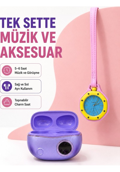 Kablosuz Kulaklık Ve Pembe Çanta Charm Saat İkili Kampanya Seti Şarj Kutulu Taşınabilir Tasarım - Lisinya