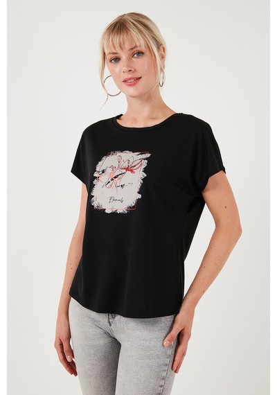 Lela Baskılı Bisiklet Yaka Regular Fit Bayan T Shirt 6671002 Siyah Lela Baskılı Bisiklet Yaka Regular Fit Bayan T Shirt 6671002 Siyah