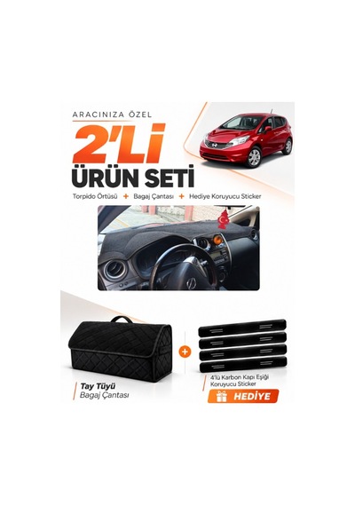 Nissan Note E12 2009-sonrası Uyumlu Torpido Örtüsü + Tay Tüyü Bagaj Çantası + Sticker Seti - Siyah