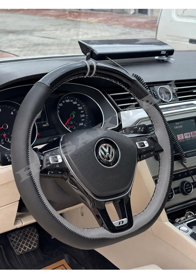 Vw T-roc Dikme Direksiyon Kılıfı Parlak Siyah Gri Detaylı Gri Çift Yüzük Ve Dikiş 2017-2021