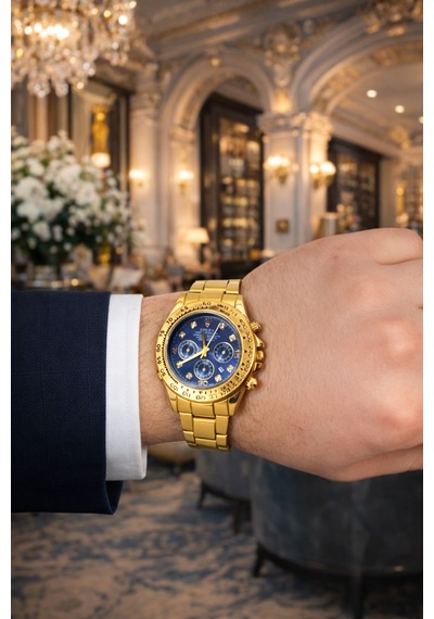Elifin Işığı Gold Premium Erkek Saat & Aksesuar Hediye Seti Mavi Kadran Özel Seri Altın