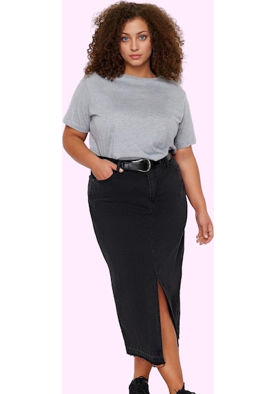 Ersefa Moda Büyük Beden Regular Düz Desen Günlük Midi Boy Ön Yırtmaçlı D Siyah
