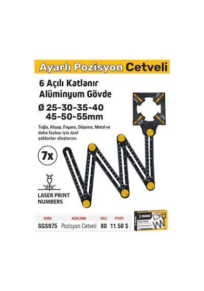 Sgs 6 Açılı Katlanır Pozisyon Şablon Cetveli 7x 25-30-35-40-45-50-55 Mm.