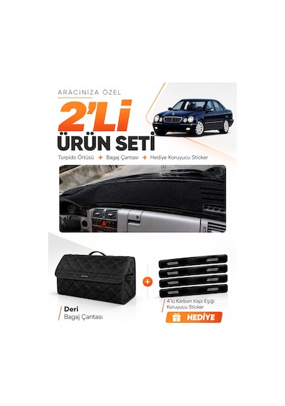 E-biz Mercedes W210 E200 1995-2002 Uyumlu Torpido Örtüsü + Deri Bagaj Çantası Seti - Siyah - Mb012