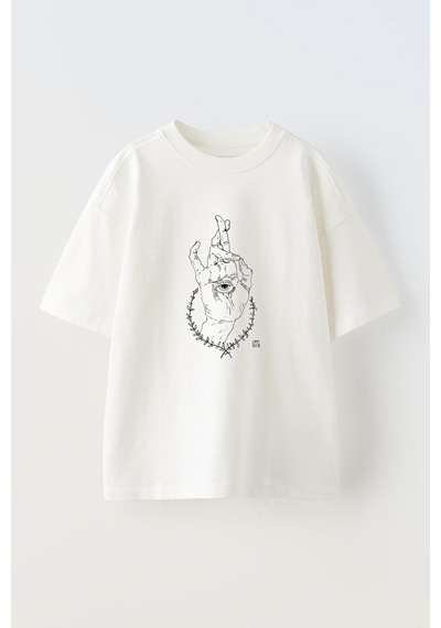 Thewert Unisex Hand Eyes Tasarım Baskılı Pamuk Beyaz Oversize T-shirt