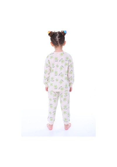 %100 Pamuk Çiçek Desenli Uzun Kollu Kız Çocuk Pijama Takımı 3,4,5,6,7,8 Yaş Yeşil