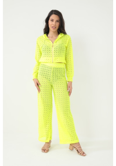 By Papi Kapuşonlu Dantel Bluz Neon Sarı