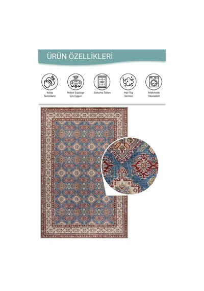 Artloop Folk Mavi Kiremit Vintage Etnik Geometrik Desenli Dokuma Tabanlı Şönil Halı Al 610
