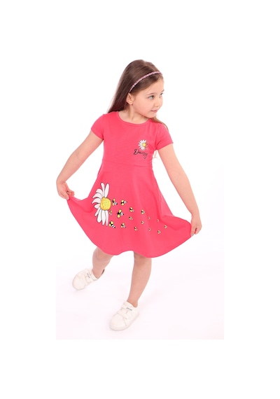 Toontoy Kız Çocuk Göğsü Ve Etek Kısmı Daisy Yazılı Arı Baskılı Elbise Nar Çiçeği