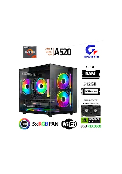 Xaser Giga X10 R7-5700X 16 GB 512 GB M.2 Nvme SSD 8 GB RTX5060 Free Dos Oem Paket Masaüstü Oyuncu Bilgisayarı