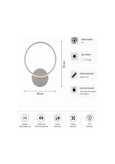 AvizeGO Tisa Modern Led Duvar Apliği Günışığı Gri