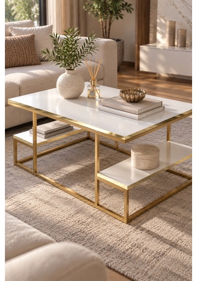 Sulorahome Gold Beyaz Orta Sehpa 90x60 Cm Dikdörtgen Salon Sehpası Altın - Beyaz