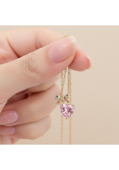 Altın Kaplama Kurdeleli Pembe Kalp Çelik Kolye Altın