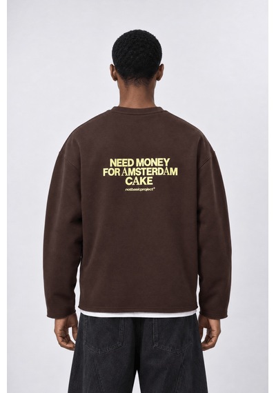 Respire Erkek Cake Baskılı Pis Dikiş Detaylı Oversize Sweatshirt Kahve