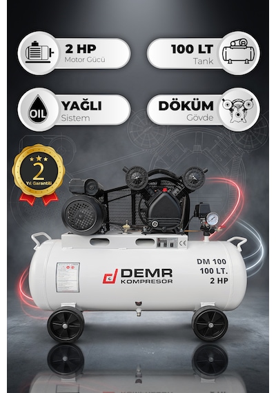 Demr Kompresör Hava Kompresörü Pistonlu 100 Lt 2 Kafa 8 Bar 2 Hp