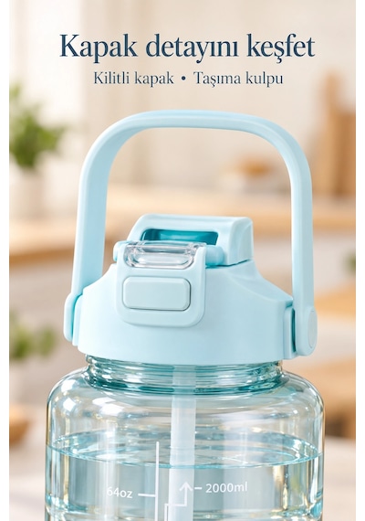 Tilbe Home 3lü Motivasyonel Suluk Matara Seti 2000+750+280ml Pipetli Sticker Askılı Spor Okul Su Şiş Mavi