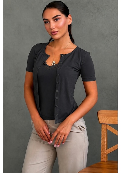 Madmext Füme Dantel Detaylı Slim Fit Kısa Kol Kadın Hırka Mg2710