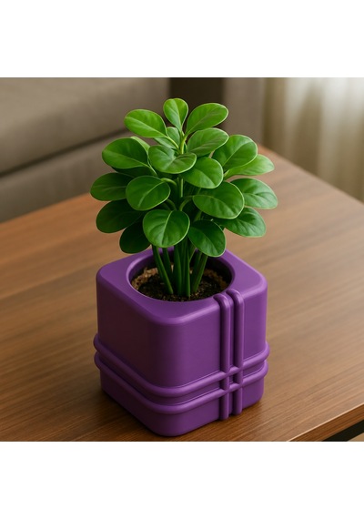 3d Baskı Square Planter - Izgara Desenli Küp Saksı-mor