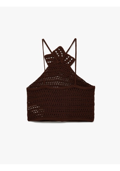 Koton Halter Yaka Slim Fit Nakışlı Kroşe Crop Bluz Kahverengi 5sal30002ht Kahve