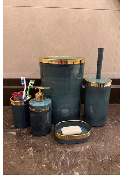 Makri Home Banyo Seti 5'li,akrilik-çöpkovası,wc Fırçalık,sıvı Sabunluk,diş Fırçalık,el Sabunluk,gold Renk Detay Yeşil