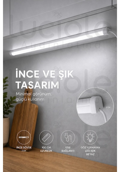 Usb Dolap Altı Led Aydınlatma 100 Cm Beyaz Işık Anahtarlı Yapışkanlı Mutfak Raf Lambası