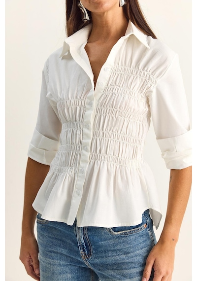 Shade Kadın Asimetrik Büzgü Detaylı Lastikli Bel Formlu Düğmeli Poplin Gömlek 0998 60286161 - Beyaz Shade Kadın Asimetrik Büzgü Detaylı Lastikli Bel Formlu Düğmeli Poplin Gömlek 0998 60286161 - Beyaz