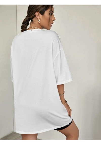 Flood Of Style Kadın Beyaz Love Never Faıls Baskılı Oversize Bisiklet Yaka Tshirt