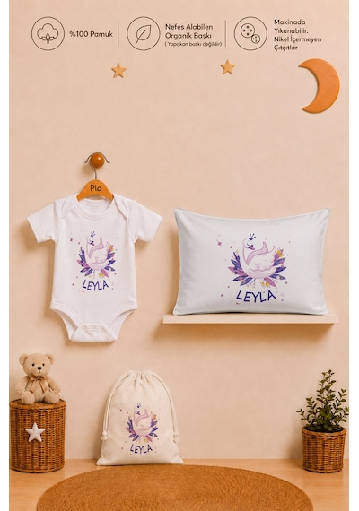 Pia Baby Kız Bebek İsme Özel Hediye Seti %100 Pamuk Body Yastık Kılıfı Ve Ham Bez Bebek Kıyafet Kesesi 2072byk2x Ekru