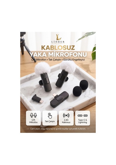 Kablosuz Beyaz Tüylü Siyah Yaka Mikrofonu Type-c Ve İos Girişli 2 Li Set Bluetooth 5.0