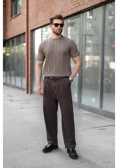 Madmext Açık Kahverengi Regular Fit Bisiklet Yaka Fitilli Triko Erkek Tişört E7490