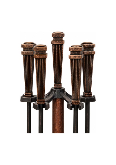 Geometrik Başlıklı Bronz 4 Parça Şömine Maşa Takımı