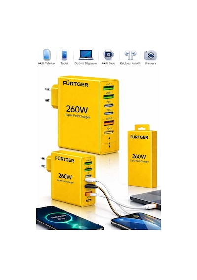Fürtger German Frt-25w S 260w 3 Type-c + 3 Usb-a Toplam 6 Çıkışlı Süper Hızlı Şarj Aleti