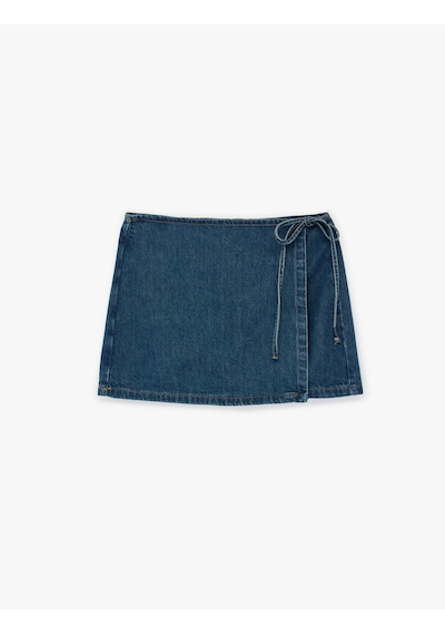 Koton Bağcık Detaylı Pamuklu Mini Denim Şort Etek Koyu İndigo 6sal40002md
