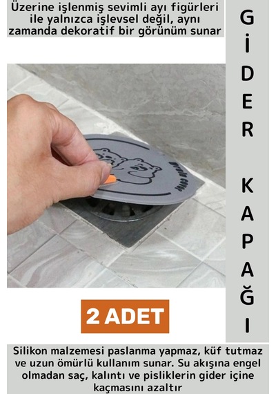 Lavabo Banyo Mutfak Pas Küf Tutmaz Ayı Figürü Koku Önleyici Kulplu Esnek Silikon Gider Kapağı 2 Adet