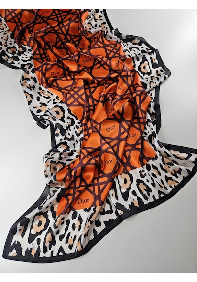 Miorel Scarfs Leopar Tema Cd Tema Vual İpek Şal Aksesuar Fular Silk Scarfs Shawl Hijab Turuncu
