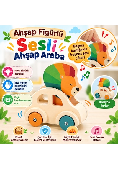Ahşap Figürlü Sesli Ahşap Araba Bej