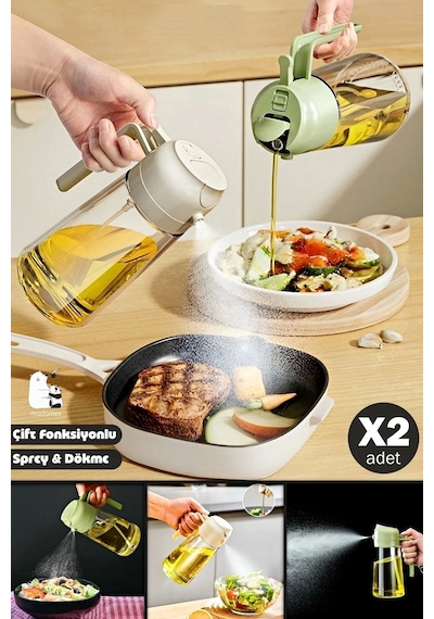 2'li Çift Fonksiyonlu Cam Yağdanlık 550ml Kulplu Zeytinyağı Sıvıyağ Şişesi Airfryer Sprey Yağlık