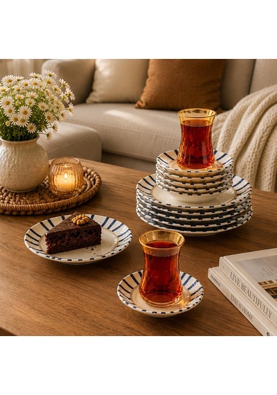 Yasemin Dicle 18 Parça 6 Kişilik Porselen Pasta Ve Çay Takımı Çizgili Lüks Sunum Seti Çok Renkli