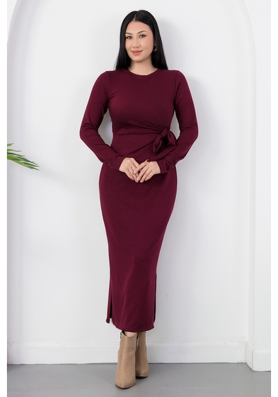 Kalopya Yandan Bağlamalı Yırtmaçlı Model Elbise Dks1136 Bordo