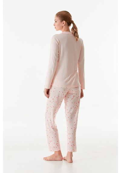 Fullamoda Kalp Desenli Gömlek Yaka 2 Li Pijama Takımı 24mıcg631216522-pudra Pudra
