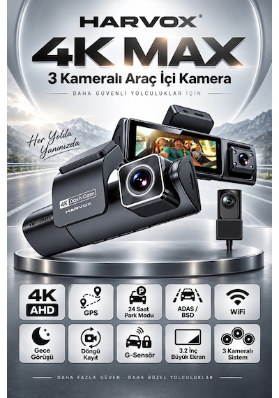 Harvox 4k Max 3 Kameralı Araç Kamerası Wifi Gps Adas Bsd 24 Saat Park Modu Gece Görüşü